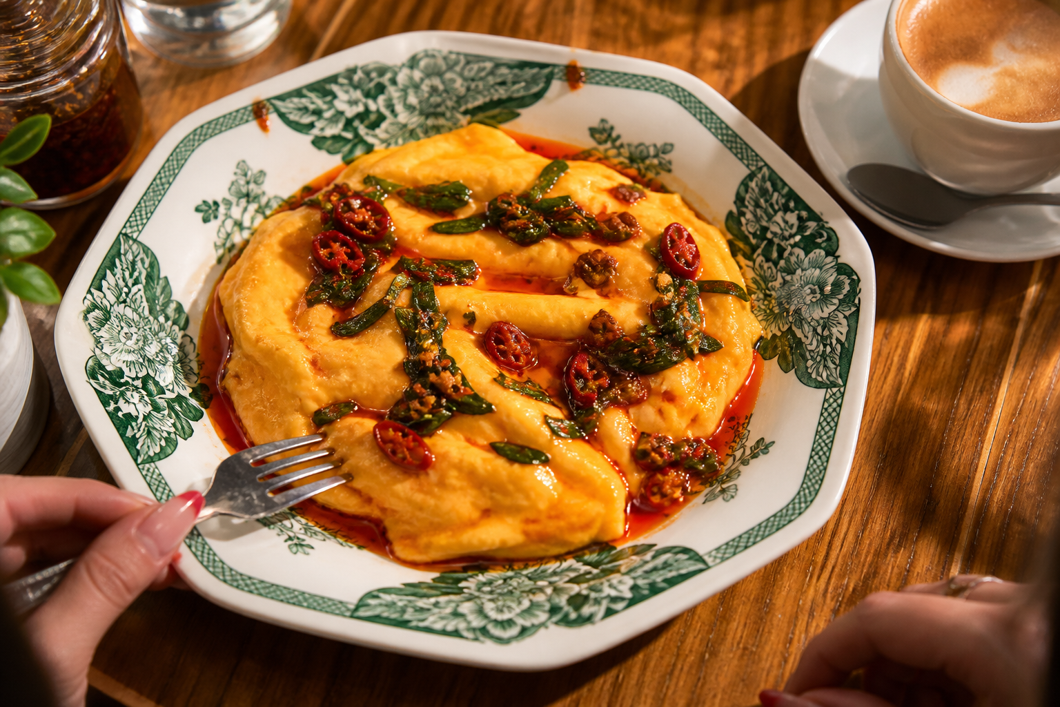Chilli folded eggs on a patterned cafe plate