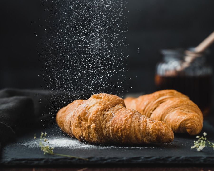 Fresh croissants and pastries on a cafe table
